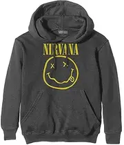 Nirvana Hoodie Yellow Smiley Band Logo Official Mens Charcoal Grey Pullover