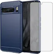 [Asuwish] Compatible with Google Pixel 8 Pro 5G Case and Tempered Glass Screen Protector with Shockproof Wireless Charging Carbon Fiber Phone Cover for Pixel8Pro Pixel8 XL Eight 8Pro Women Men Blue