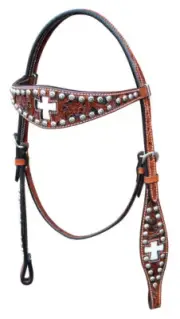 Western Brown Leather Headstall with Cross Hair On inlay and Spots