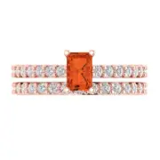 1.41ct Emerald Round Cut Red Stone Ring Band bridal Set 14k Rose solid Gold