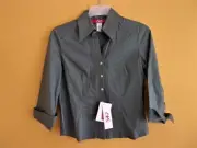 NWT Women's ANNE KLEIN Sz M Pleated V Neck Button Front TOP Cotton Shirt GREEN