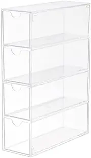 AIMALL Acrylic Glasses Storage Box, 4-Layer Stackable Sunglasses Organizer, Dustproof Desktop Display Case, Transparent Drawer-Type Stationery Holder, 9.69x6.89x2.49in