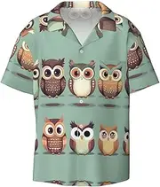 [YANYU] Cartoon Owls Cute Print Hawaiian Shirts Men Short Sleeve Button Down Cuban Collar Shirt Summer Beach Days