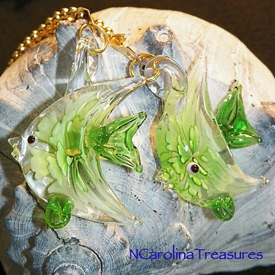 GREEN FLORAL FISH FISHES ART GLASS CEILING FAN LIGHT SWITCH PULL PULLS LARGE PR