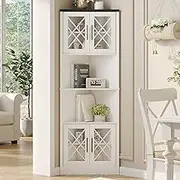 Maupvit White Corner Hutch with 4 Tempered Glass Doors, 67" Tall Farmhouse Corner Storage Cabinet, Kitchen Pantry Hutch with Adjustable Shelf, Home Space Saver for Laundry Room, Dining Living Room