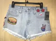 MOSSIMO Cut Off Frayed High Rise Denim Shorts Burger Patriotic Patches 4 B6