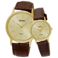 在飛比找森森購物網優惠-【SEIKO 精工】指針太陽能石英情侶對錶 皮革錶帶 金色錶