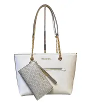 MICHAEL KORS JET SET MEDIUM FRONT POCKET CHAIN TOTE LIGHT CREAM + WALLET MK GOLD