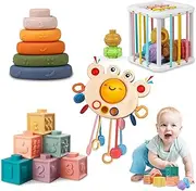 4 in 1 Montessori Baby Toys for Babies 6-18 Months,Pull String Teether, Infant Stacking Blocks, Sensory Shapes Storage Bin, Ideal Baby Boy Girl Gifts, Infant Toys 1 2 3 Year Old Boys Girls