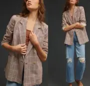 NWT Anthropologie Maeve Brown Double Breast Linen Blend Boho Blazer Jacket Sz 14