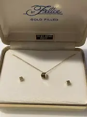 Vintage Felice 14K Yellow Gold Filled Cube Pendant Earrings Set 18" New NOS