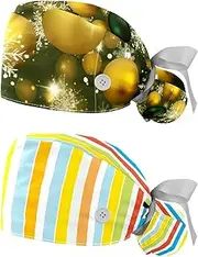 [YTYVAGT] 2-Pc,Nurse Scrub Caps,Scrub Hats with Buttons and Cotton Sweatband,Yellow Merry Christmas Card