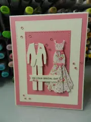Handmade Wedding Card Bride Groom Cream & Pink Tux White & Pink Flower Gown