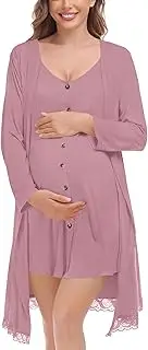 [SWOMOG] Womens Maternity Nursing Nightgown and Lace Robe Set 3 in 1 Labor Delivery Button Down Nursing Dress 2 Piece Sleepwear