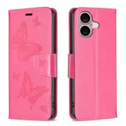 For iPhone 16 Plus Case, PU Leather Butterfly Cover, Rose Red