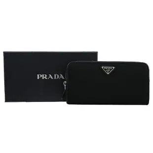 【PRADA 普拉達】經典三角LOGO尼龍牛皮拼接拉鍊發財零錢長夾(黑)