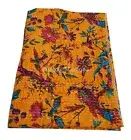 Handmade Kantha Quilt Bird Print kantha Throw mustard Bedspread King Blanket