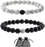 [SwirlColor] Distance Bracelets Black Matte Agate White Howlite Best Friends Relationship Couple Bracelets Distance Beads-2Pcs, 18-19 cm, Stone, Agate