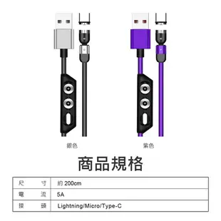 FC3001 5A快充三合一可彎折磁吸編織充電線 2米 540度旋轉 磁頭收納器