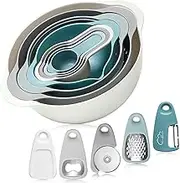 Esie Houzie Mixing Bowl Set of 13- Nesting Plastic Mixing Bowls for Baking Includes 1 Colander,1 Sieve,2 Mixing Bowls,4 Measuring Cups & 5 Stackable Gadgets for Baking Salad Food Prep