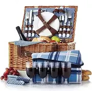 Willow Woven Picnic Basket with Lid for 4 People,Wicker Hamper Set,Portable Outdoor Picnic Basket Storage Basket with Dishes