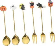 GLEAVI 1Set Halloween Stainless Steel Fork and Spoon Set Cutlery for Dessert and Dinnerware Creative Cartoon Design with Pumpkin Bat and Cat Utensils