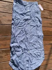 St Tropez West Linen Skirt Large Blue Button Front Pull On Side Slit Long NWT