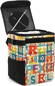 Car Trash Can with Lid,Bag Hanging Storage Pockets Leak-Proof,Portable Garbage Bin,Alphabet Number Puzzle Pattern
