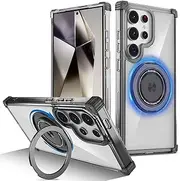 [RUNGOS] 360°Rotatable Magnetic Ring for Samsung S24 Ultra Case Magsafe, with Stand [Strong Magnetic] [Mil-Grade 4-Corner Airbag Reinforcement] Clear Shockproof Case for Samsung Galaxy S24 Ultra Case