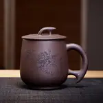 宜興紫砂杯泡茶杯大容量紫泥刻竹男士辦公帶蓋杯茶缸陶瓷杯子茶具