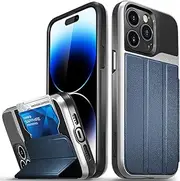 Vena vCommute Wallet Case Compatible with Apple iPhone 14 Pro Max (6.7"), (Military Grade Drop Protection) Flip Leather Cover Card Slot Holder with Kickstand - Silver/Blue