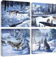Winter Wolf Canvas Prints Wall Art Paintings 4 Pieces Blue Snowy Forest Landscap