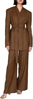 [Generic] Women's Retro Striped Printed Women's Two-Piece Set Temperament V-Neck Long Sleeved Lace Up Shirt and Straight Leg Pants Suit Set