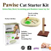 4pc Cat Kitten Start Kit Bed, Bowl, Scratching post Rainbow Teaser Toy Set