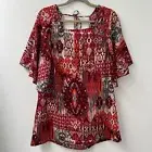 Ishka Graphic Blouse Red With Ties At The Back Sz M Lightweight Top BNWT