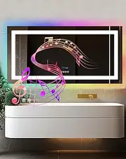 LUVODI Bluetooth LED Bathroom Mirror: 1200x600mm Large Illuminated Wall Mounted Vanity Mirrors with Dimmable 3 Colours Front Light and RGB Backlit, Anti-Fog, Memory Function, Time Temperature Display