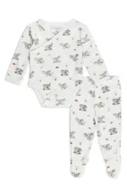 L'Ovedbaby Elephant Print Organic Cotton Wrap Bodysuit & Footed Pants Set at Nordstrom, Size 0-3M