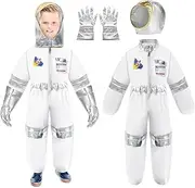 AUTOWT Astronaut Costume Set for Kids, 3 PCS Zippered Space Jumpsuit, White Pilot Spacesuit Breathable Astronaut Dress Up Clothes with Space NASA Hat Gloves for Boys Girls Aged 3 4 5 6 7 8