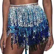 [Generic] Belly Dance Fringe Skirt Sequins Hip Skirt Sparkly Tassel Hip Scarf Rave Festival Belly Skirt for Women and Girls