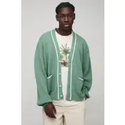 Mens Green Oversized Boxy Knitted Cardigan With Tipping
