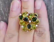 Ladies 14K Peridot, Green Tourmaline, and Diamond Cocktail Ring - Size 8