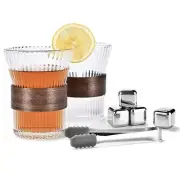 Ribbed Drinking Glasses Set of 2 with 4 Whiskey Stones Ribbed Glass Cups 12oz...