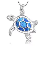 Blue Opal Sea Turtle Women’s beach Necklace & Pendant Sterling Silver Layered.