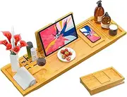 BRITOR Bamboo Bathtub Caddy Tray, Extendable & Foldable, Multifunctional with Ipad/Book Holder, Sliding Trays, Accessory Slot, Fits Most Bath Sizes