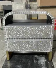 Handmade Mother of Pearl Grey Floral 2-Drawer Bedside Table | Nightstand Console