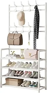 [Oimzzr] Simple Metal Coat Rack，Hallway Shoe Rack Coat Rack Wall Hanging Clothes Floor Hanger Storage Wardrobe Multifunctional Combination Shoe and Rack 60CM-Back-4L White 80cm Wide