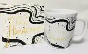 Hello World “Hello There Handsome” Stoneware Mug Black White Gold 15oz BNIB