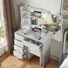 Dressing Table Stool Set Makeup Mirror Desk LED 10 Bulbs White and 6 Drawers