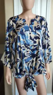 Chico's Women's Blue/Cream Multi Batwing-Sleeve Tie-Front Blouse 3, 16/18, XL