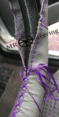 GREY TWO TONE LEATHER STEERING WHEEL COVER FOR PEUGEOT EXPERT 2 07+ PURPLE STICH